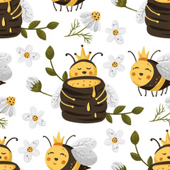 Honey cute bee insect summer seamless pattern background. Cartoon baby fly nature design with daisy flower. Vector illustration sweet textile design.