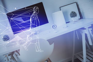 Multi exposure of creative theme drawings and office interior background.