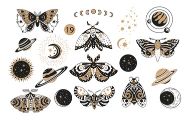 Bohemian boho butterfly decorative vector logo set. Moth wildlife alchemy icon symbol, tattoo graphic shape design, ethnic sketch. - obrazy, fototapety, plakaty