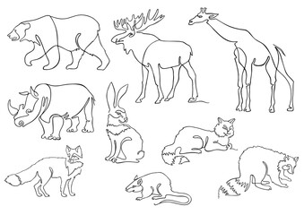 One line animals set, logos. Animal continuous line drawing vector illustration with giraffe, rhino, bear, elk, rhino, fox, hare, raccoon. Continuous line wild animals set. Mono line, single