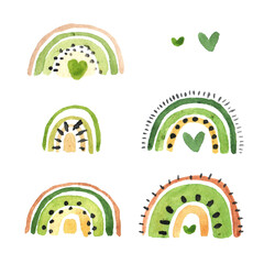 Rainbow watercolor set, isolated on white background. Summer rainbows stylized as fruit kiwi. Beautiful design for cards, kids print, poster, nursery decoration, logo.