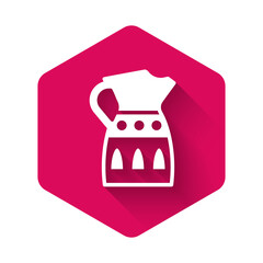 White Sangria pitcher icon isolated with long shadow. Traditional spanish drink. Pink hexagon button. Vector