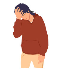 Fototapeta premium Man hold his head in hand forgotten something. Upset young man with hand on his head. Frustrated man. Headache, migraine, health problems and pain head, stress work, tired, suffer, emotion, oh no.