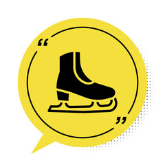 Black Skates icon isolated on white background. Ice skate shoes icon. Sport boots with blades. Yellow speech bubble symbol. Vector