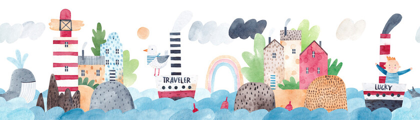 Nettes nahtloses Muster. Meereslandschaft, Wellen, Inseln, Schiffe, Wolken. Aquarellillustration. Horizontales Poster für Kinder. Horizontaler, sich wiederholender Rahmen.