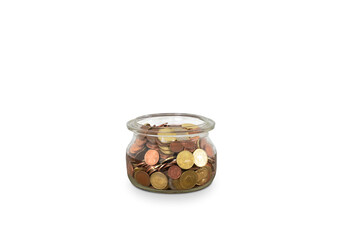 Money jar with European coins isolated on white. Savings concept.