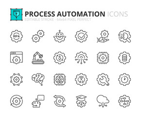 Simple set of outline icons about robotic process automation - obrazy, fototapety, plakaty