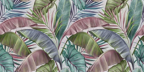  Tropisch exotisch luxe naadloos patroon met pastelkleurige bananenbladeren, palm, colocasia. Handgetekende 3D illustratie. Vintage glamoureuze kunst design. Goed voor behang, doek, stofafdrukken, muurschildering © alenarbuz