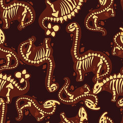 Dinosaur skeleton in cartoon style. The bones of a prehistoric animal underground. Archeology. seamless pattern. Vector illustration. © Oksana