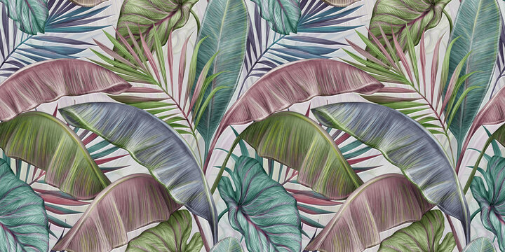 Tropical exotic luxury seamless pattern with pastel color banana leaves, palm, colocasia. Hand-drawn 3D illustration. Vintage glamorous art design. Good for wallpapers, cloth, fabric printing, mural