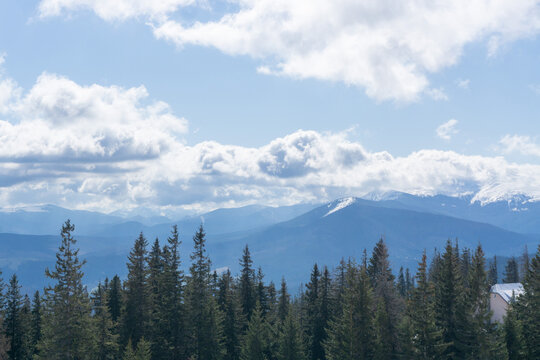 Landscape of carpathian mountains. Nature scenery in spring time with clouds on the sky © Oleksandr Matsibura