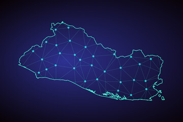 Abstract mash line and point scales on dark background with Map of El Salvador. dot and structure. communications map of El Salvador. Vector.