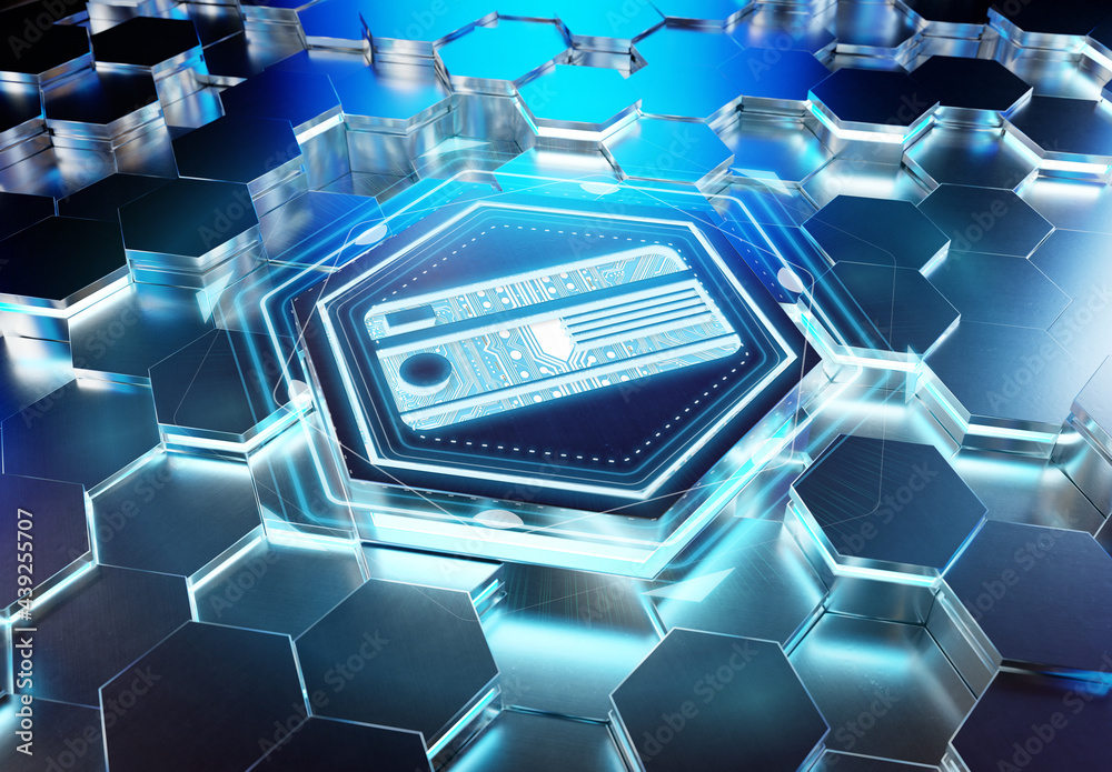 Poster payment card icon concept engraved on metal hexagonal pedestral background. credit card logo glowing