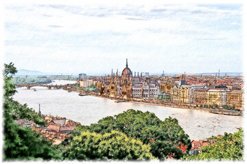 Obraz premium Sketch illustration of a beautiful view of the Hungarian Parliament building in Budapest in Hungary.