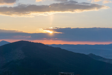 Majestic sunrise in the carpatian mountains in early spring. Ukraine, Carpathian mountains