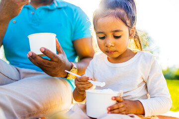 Beautiful little girl and her dad are eating an ice cream in summer sunny park celebrating father's...