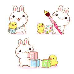 Back to school. Set of kawaii bunny and duckling. Cute little duck and rabbit friends with school bag, with brush and paints, cubes. Vector illustration EPS8