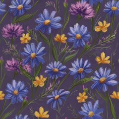 Fototapeta na wymiar Seamless pattern with purple, yellow wildflowers and leaves. Oil painting floral digital pattern. Botanical illustration. Floral background for wallpaper, web pages, textiles, and fabric design.