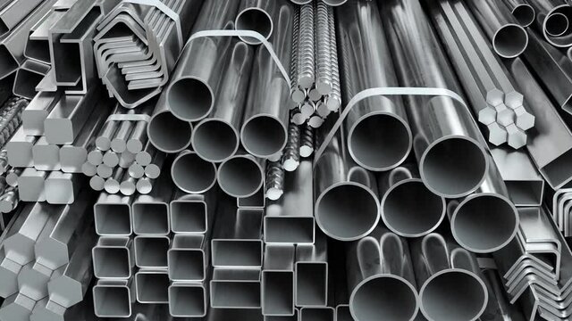 Different metal products. Stainless steel profiles and tubes. 3d video animation