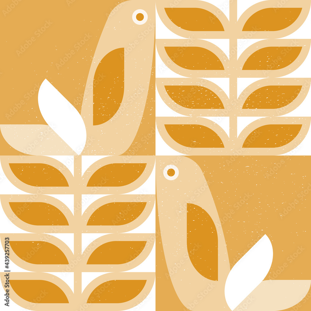Poster abstract geometric retro inspired vector seamless pattern.stylized bird, leaves and flowers in paste