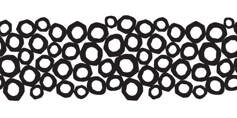 Abstract Seamless Border with Black Circles, Vector Repeating Pattern horizontal with Round paper cut shapes Bubbles Simple Hand Drawn Texture Monochrome illustration for footer, header, banner, trim.