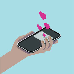 Colored illustration. Male hand with smartphone message and hearts. Love message. Love. Isometric illustration on blue background. 