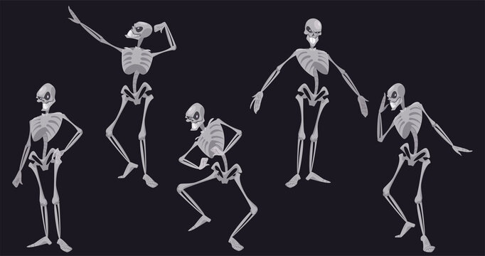Human skeleton character in different poses isolated on black background. Vector set of cartoon smiling skeleton, dancing body from bones and skull. Halloween emoji set of dead man
