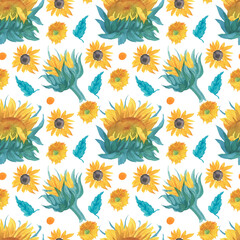 Watercolor seamless fall pattern with sunflowers.Botanical print on white isolated background hand painted.Designs for textiles,wallpaper,packaging,wedding invitations,scrapbooking,wrapping paper.