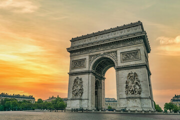 Fototapeta na wymiar Paris France city skyline sunrise at Arc de Triomphe and Champs Elysees empty nobody