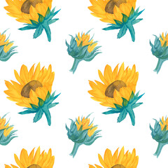 Watercolor seamless fall pattern with sunflowers.Botanical print on white isolated background hand painted.Designs for textiles,wallpaper,packaging,wedding invitations,scrapbooking,wrapping paper.
