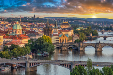 Fototapeta na wymiar Prague Czech Republic, high angle view sunset city skyline at Charles Bridge and Vltava River, Czechia