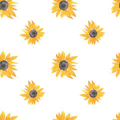 Watercolor seamless fall pattern with sunflowers.Botanical print on white isolated background hand painted.Designs for textiles,wallpaper,packaging,wedding invitations,scrapbooking,wrapping paper.