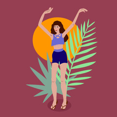 Body positive. A woman is dancing. Tropical leaves in the background. A full-length girl, hands above her head. Beautiful female figure size small. Boho style.