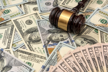 wood judge gavel and dollar,