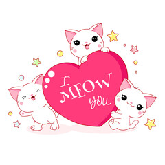 Cute Valentine card in kawaii style. Three lovely cats with big pink heart