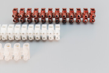 Terminal blocks and distribution blocks. Connecting electrical cables of different voltages. Connection to an electrical terminal. Electrician. Copy space