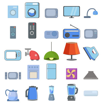 household appliances vector clip art set with long shadow with TV, fridge, kitchen appliances