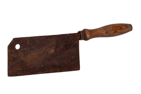 Macro of a rusty old butcher cleaver with wooden handle isolated on a white background. Vintage butcher or kitchen knife.