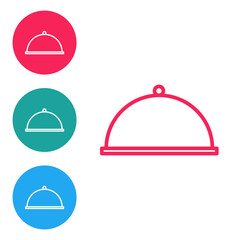 Red line Covered with a tray of food icon isolated on white background. Tray and lid. Restaurant cloche with lid. Kitchenware symbol. Set icons in circle buttons. Vector Illustration