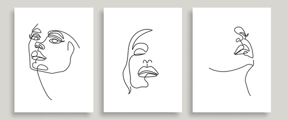 Abstract Line Art Women Faces Vector Print Set. Continuous One Line Fashion Templates with Female Head in Modern Minimalist Simple Style. Beauty Girl Vector Illustration.