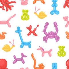 Seamless childish pattern with funny air balloon animal-shaped toys on white background for printing. Children's repeatable texture for wrapping and decoration. Colored flat vector illustration