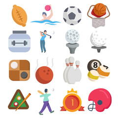 Sport vector clip art set with golf ball, billiards, bowling, checkers, protein can, first place medal, soccer goal