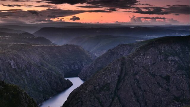 Time lapse of sunset over river Sil Canyon in Parada de Sil in Galicia, Spain. View from Cabezoa lookout. Place to visit.