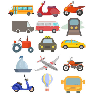 transport vector clip art set with car, bus, plane, ship, motorcycle, taxi car