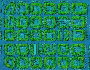 Digital elevation model. GIS product made after proccesing aerial pictures taken from a drone. It shows city lidar scanned urban area with roads and junctions between dense blocks