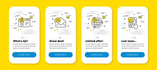 Vector set of Eco energy, Receive mail and Start business line icons set. UI phone app screens with line icons. Recovery hdd icon. Ecology, Incoming message, Launch idea. Backup info. Vector