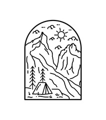 Camping in Torres del paine national park patagonia in chile with mono line art, patch badge design, emblem design, T-Shirt Design