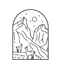 Torres del paine national park patagonia in chile with mono line art, patch badge design, emblem design, T-Shirt Design