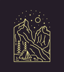 Camping in Torres del paine national park patagonia in chile with mono line art, patch badge design, emblem design, T-Shirt Design