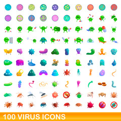 Fototapeta na wymiar 100 virus icons set. Cartoon illustration of 100 virus icons vector set isolated on white background